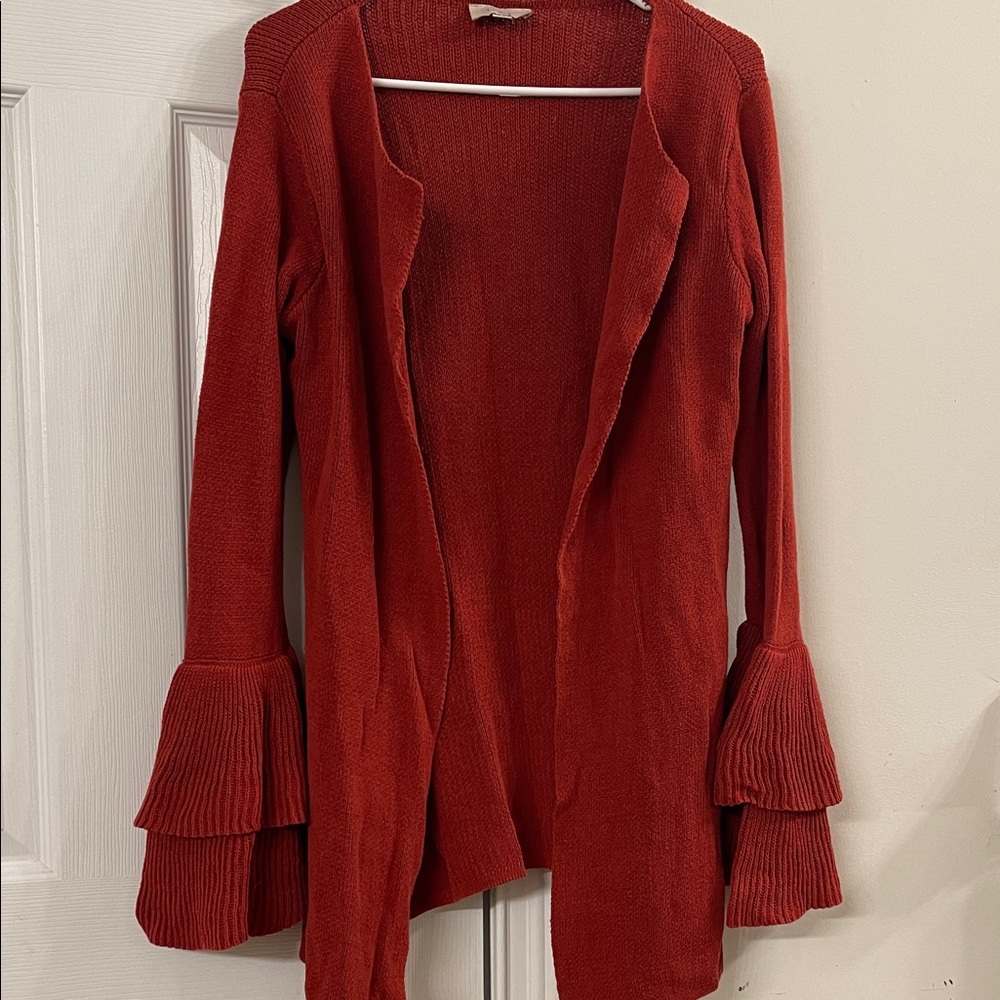 LOFT Open-Front Rust Red Cardigan with Tiered Bell Sleeves